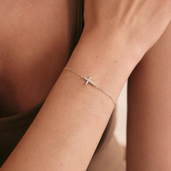 Dainty Cross Bracelet - 925 Sterling Silver/14k Gold Plated Diamond CZ Layered S - Picture 2 of 9